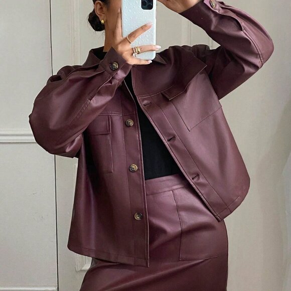 Burgundy Casual Women's Pu Jacket Coat & Mini Skirt coord set - Picture 6 of 6